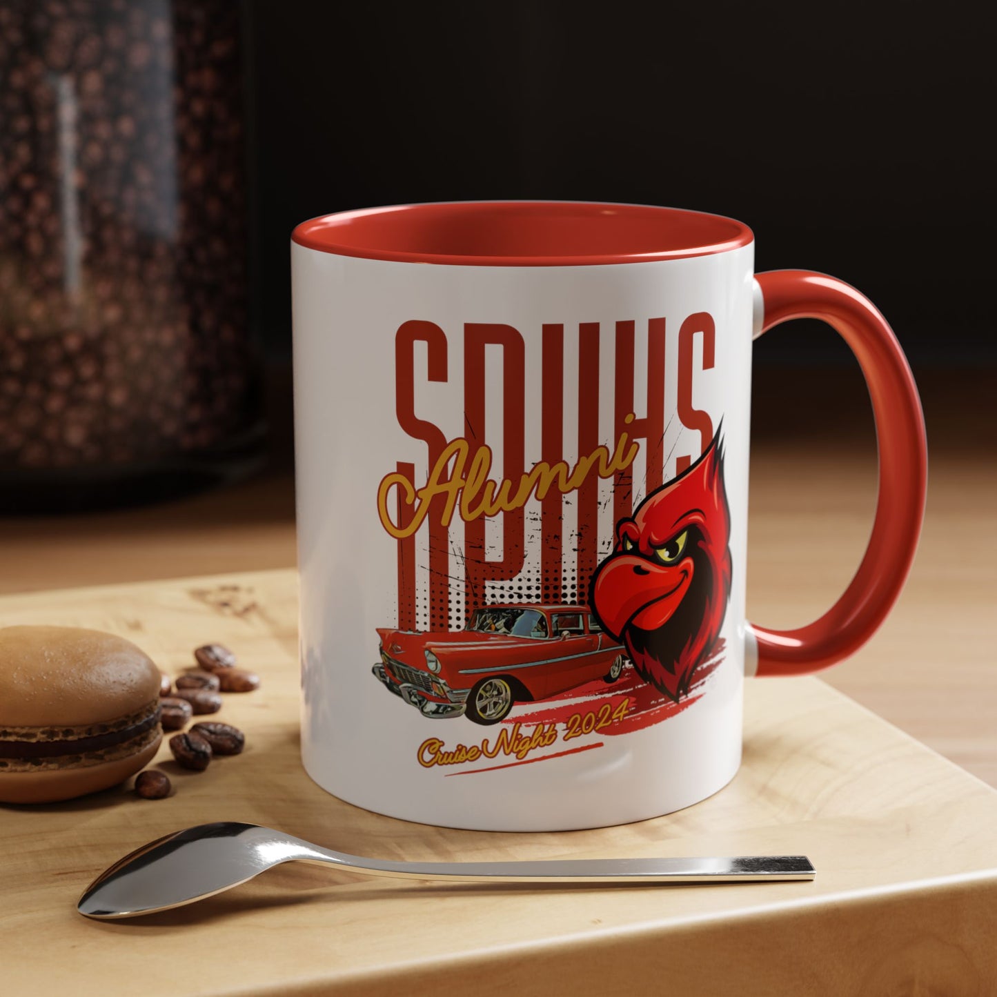 ALUMNI DESIGN #6- SPUHS Red Accent Coffee Mug, 11oz SPUHS Chevy Angry Bird type Cardinal