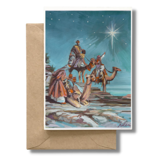 THREE KINGS ARRIVING ON CAMELS - Christmas Art Card Print of Original Painting