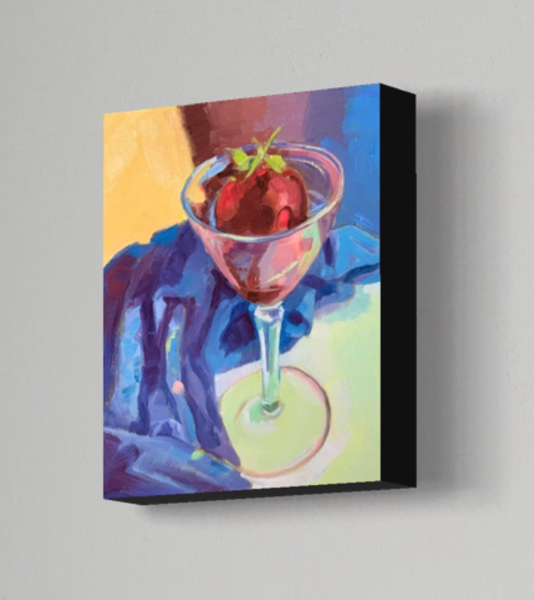 CHOCOLATE STRAWBERRY IN A GLASS WITH BLUE FABRIC -  Giclee Reproduction of Original Oil Painting Print