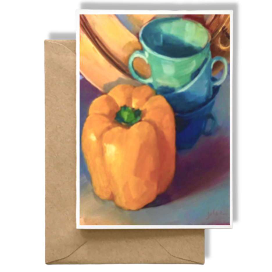 ORANGE PEPPER - AQUA & BLUE CUPS & COPPER PLATE  Art Card