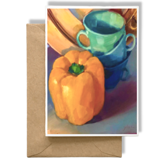 ORANGE PEPPER - AQUA & BLUE CUPS & COPPER PLATE  Art Card