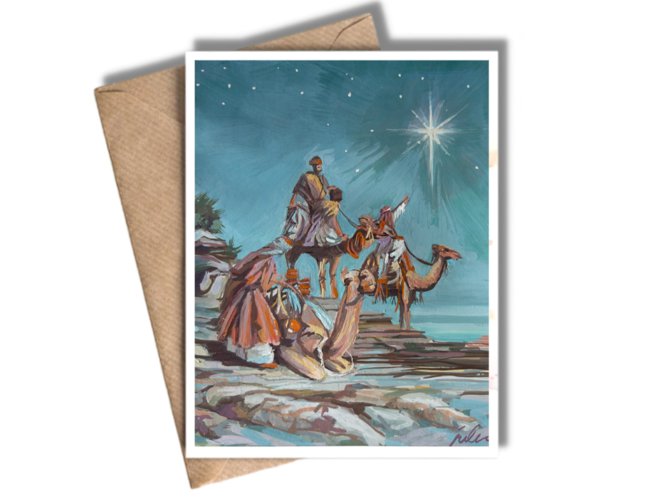 THREE KINGS ARRIVING ON CAMELS - Christmas Art Card Print of Original Painting