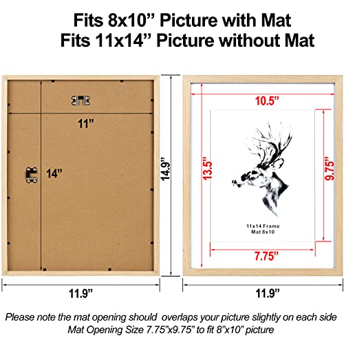 Yaetm 11x14 Picture Frame with Mat for 8x10 Set of 2, Solid Oak Wood Photo Frames with Tempered Glass, 11 x 14 Frames for Horizontal and Vertical Wall Mounting (2 pack, Oak)