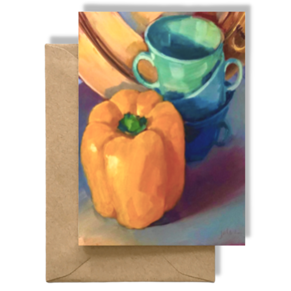 ORANGE PEPPER - AQUA & BLUE CUPS & COPPER PLATE  Art Card