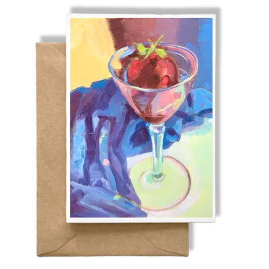 CHOCOLATE STRAWBERRY IN A GLASS WITH BLUE SHIRT  Art Card