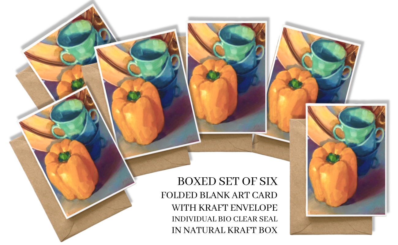 ORANGE PEPPER - AQUA & BLUE CUPS & COPPER PLATE  Art Card