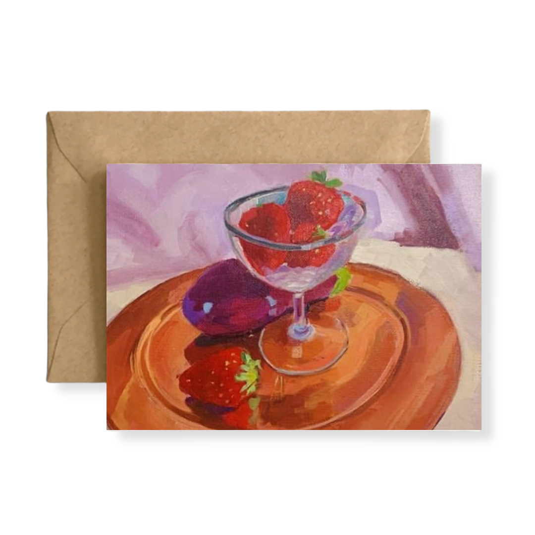 STRAWBERRIES IN GLASS WITH EGGPLANT ON COPPER PLATE - Art Card Print